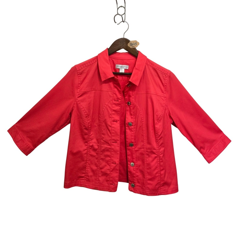Christopher & Banks Red‎ Denim Style Jacket Petite Large 3/4 Sleeve Stretch
